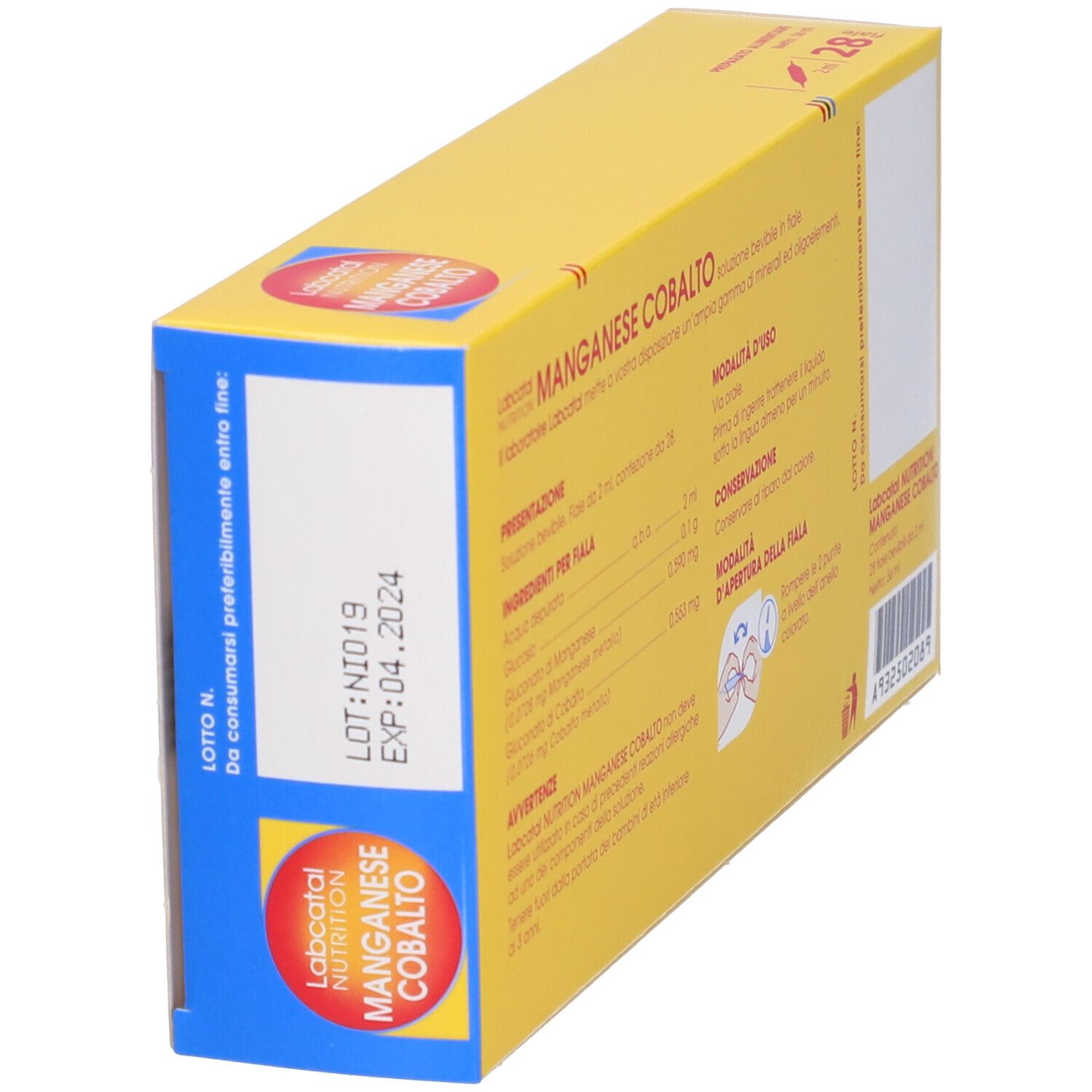 Scatola gialla, vista laterale. Scritto: Labcatal Nutrition Manganese Cobalto. Numero di lotto e scadenza. Ingredienti.