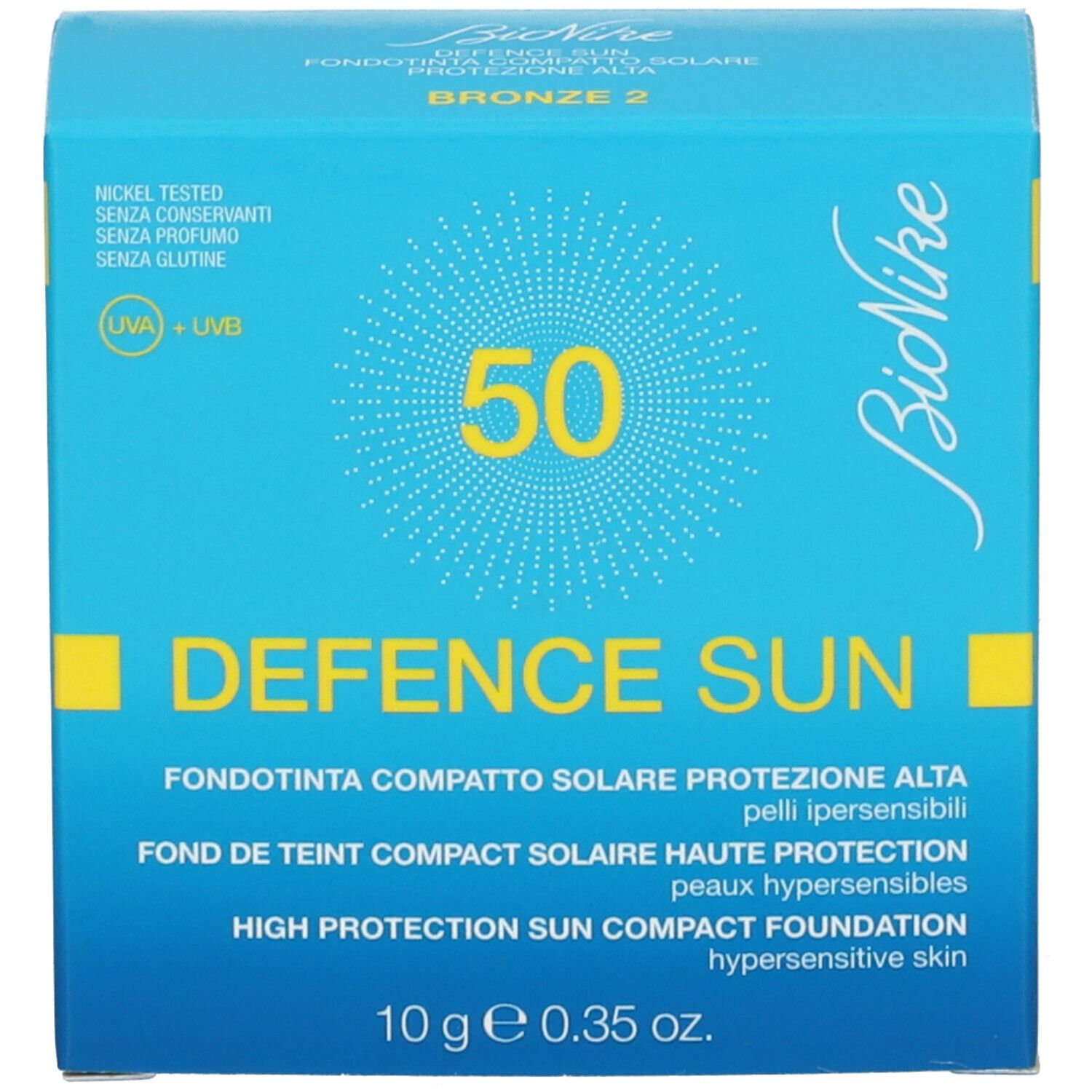 Scatola azzurra. Scritta DEFENCE SUN, 50, marchio BioNike. Testo multilingue.