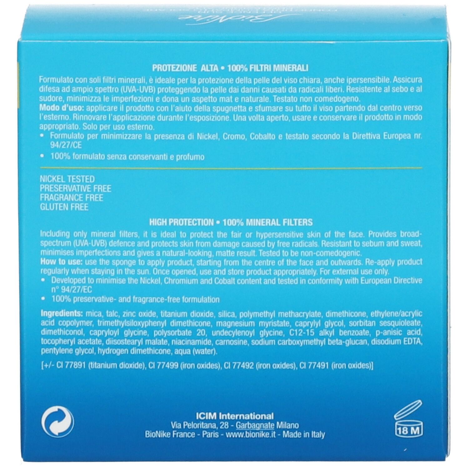 Retro della scatola azzurra. Testo multilingue. Ingredienti, certificazioni.