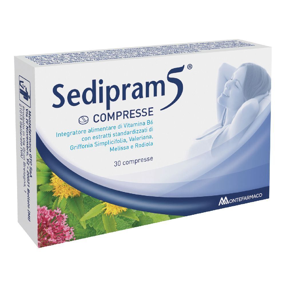 Scatola Sedipram 5® COMPRESSE. Scritta e illustrazione di una persona. 30 compresse. Logo del produttore.