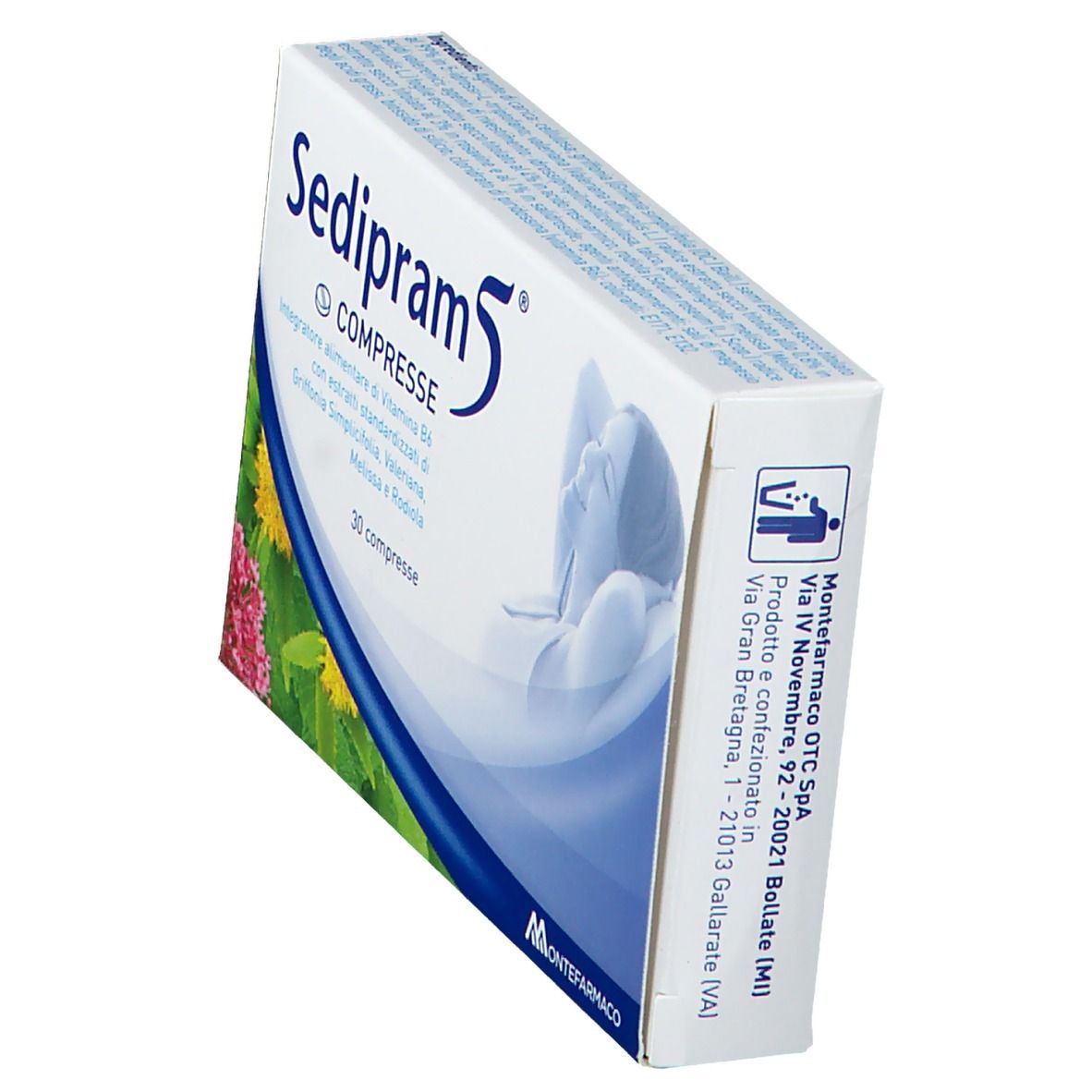 Scatola Sedipram 5® COMPRESSE, in diagonale. Scritta, illustrazione di una persona. Indirizzo e logo del produttore.