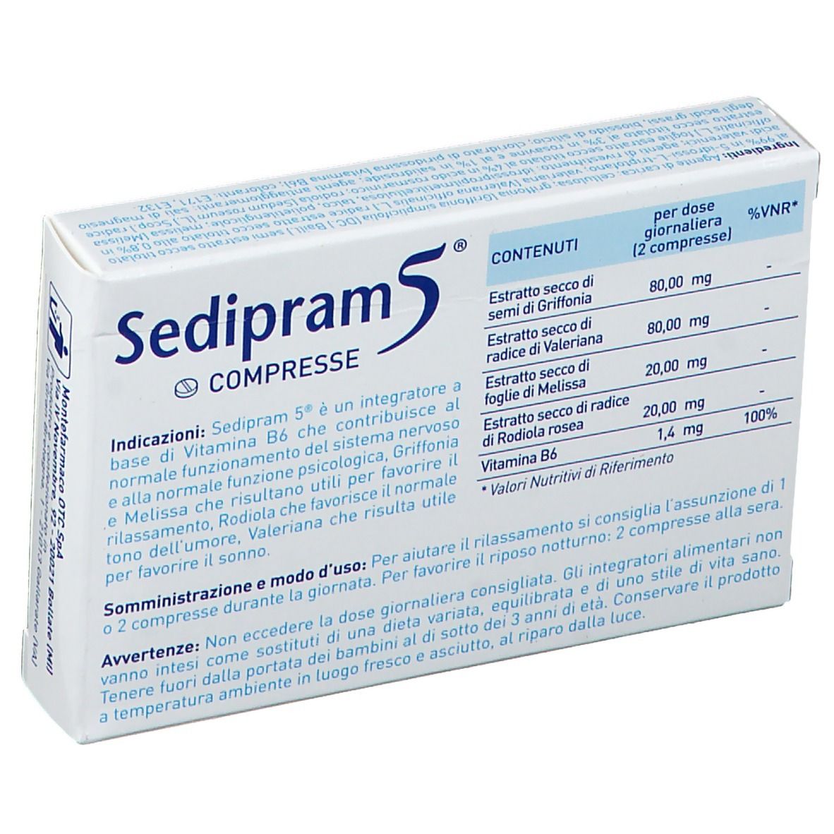 Retro della scatola Sedipram 5® COMPRESSE. Elenco ingredienti e informazioni nutrizionali. Testo in italiano.