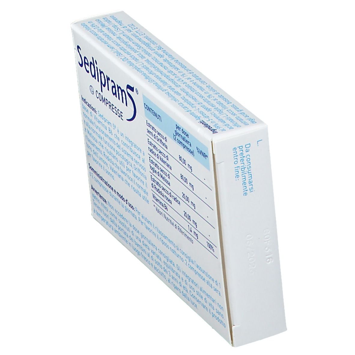 Vista obliqua della scatola Sedipram 5® COMPRESSE. Testo e informazioni sugli ingredienti. Data di scadenza.