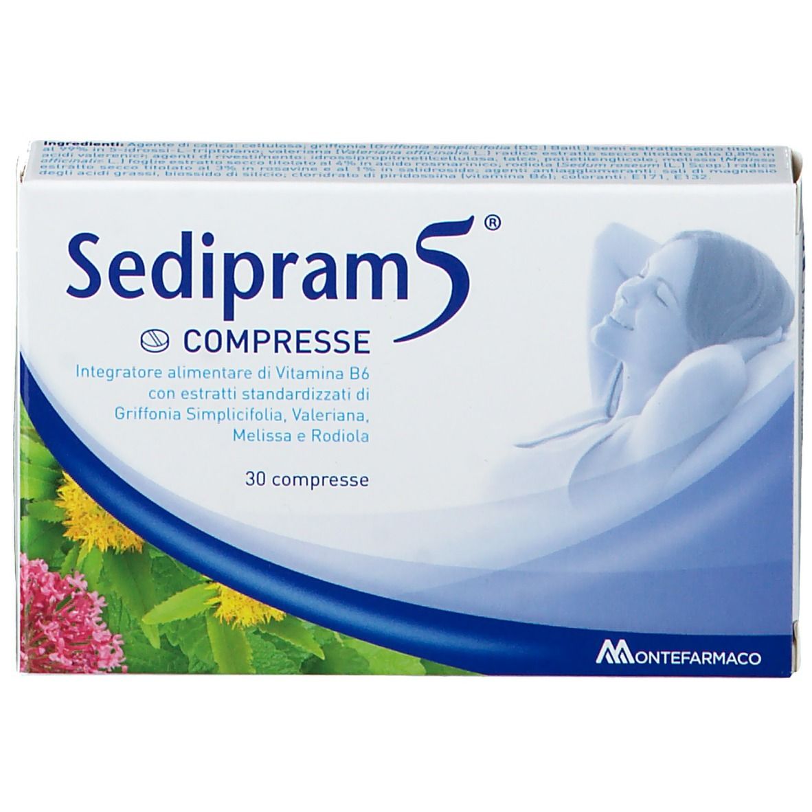 Scatola Sedipram 5® COMPRESSE. Scritta, illustrazione di una persona. 30 compresse. Logo del produttore.
