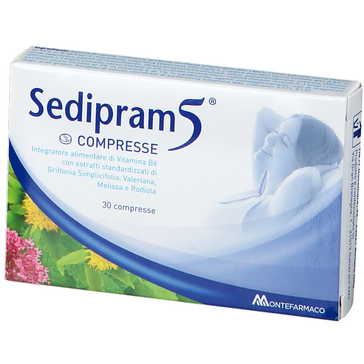 Scatola Sedipram 5® COMPRESSE. Scritta, illustrazione di una persona. 30 compresse. Logo del produttore.