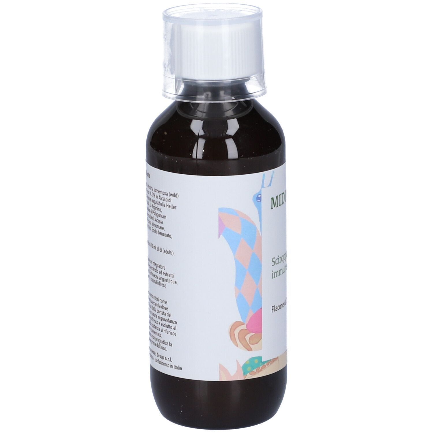 Liquido marrone in bottiglia con tappo bianco. Etichetta con informazioni sul prodotto.