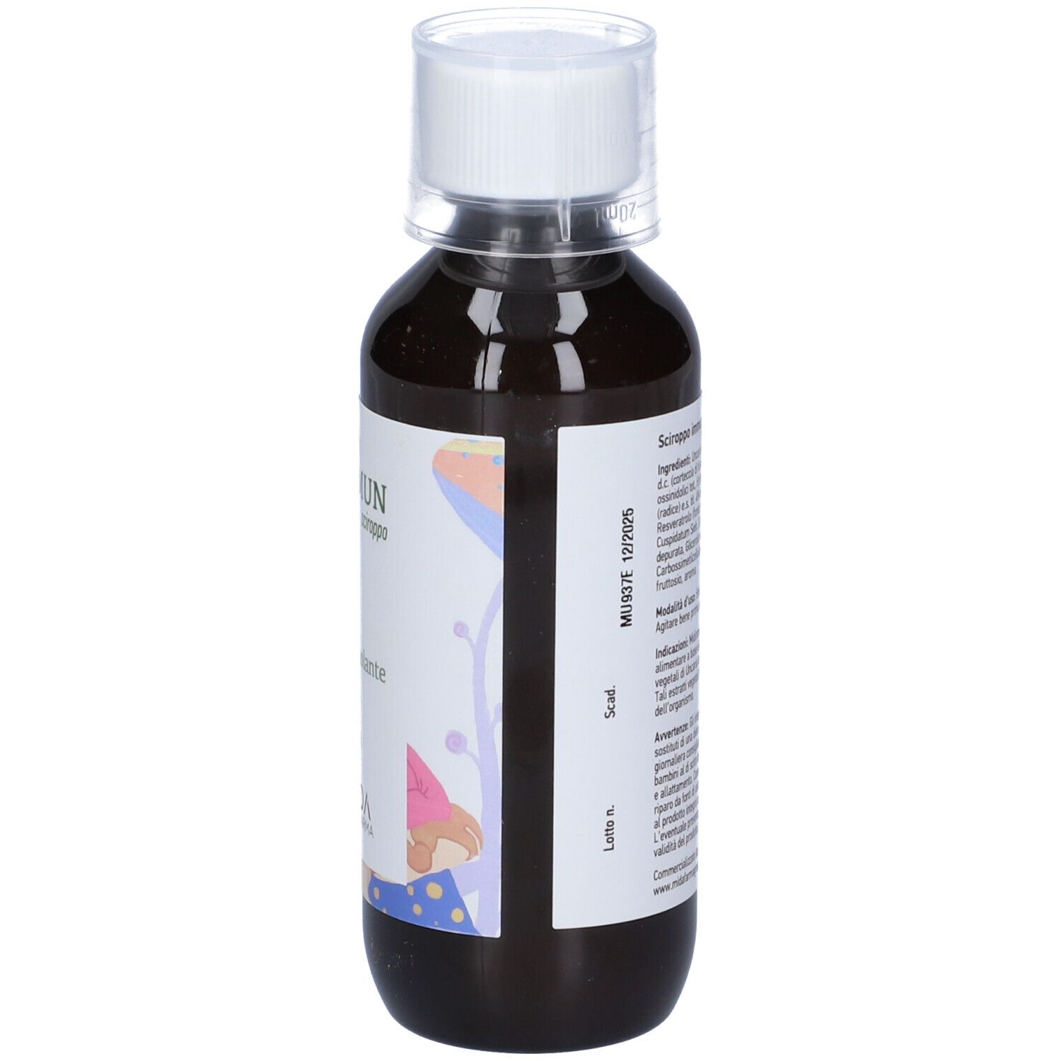 Liquido marrone in bottiglia con tappo bianco. Etichetta con informazioni sul prodotto.