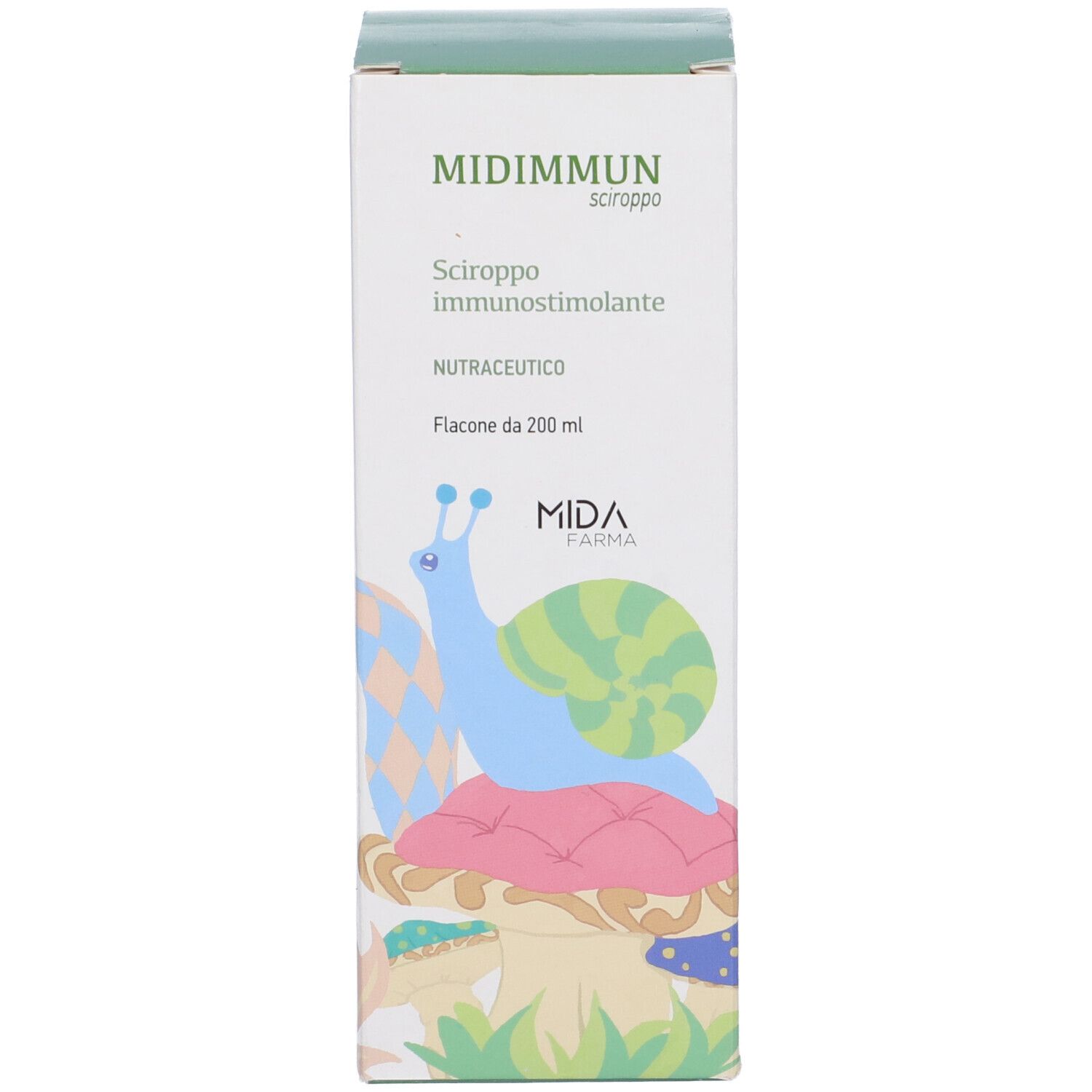 Scatola con nome del prodotto e informazioni. Colori verde e bianco con illustrazioni.