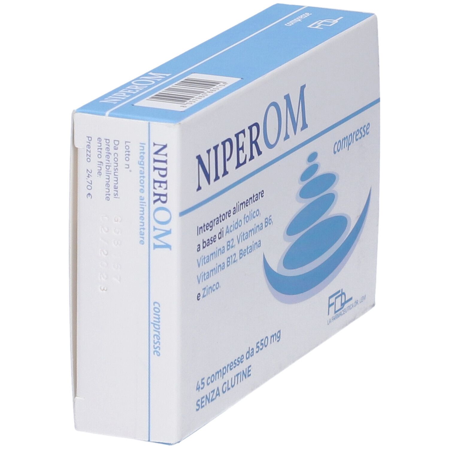 Scatola di compresse NIPEROM in diagonale. Contiene vitamine e minerali. Scritta in italiano.