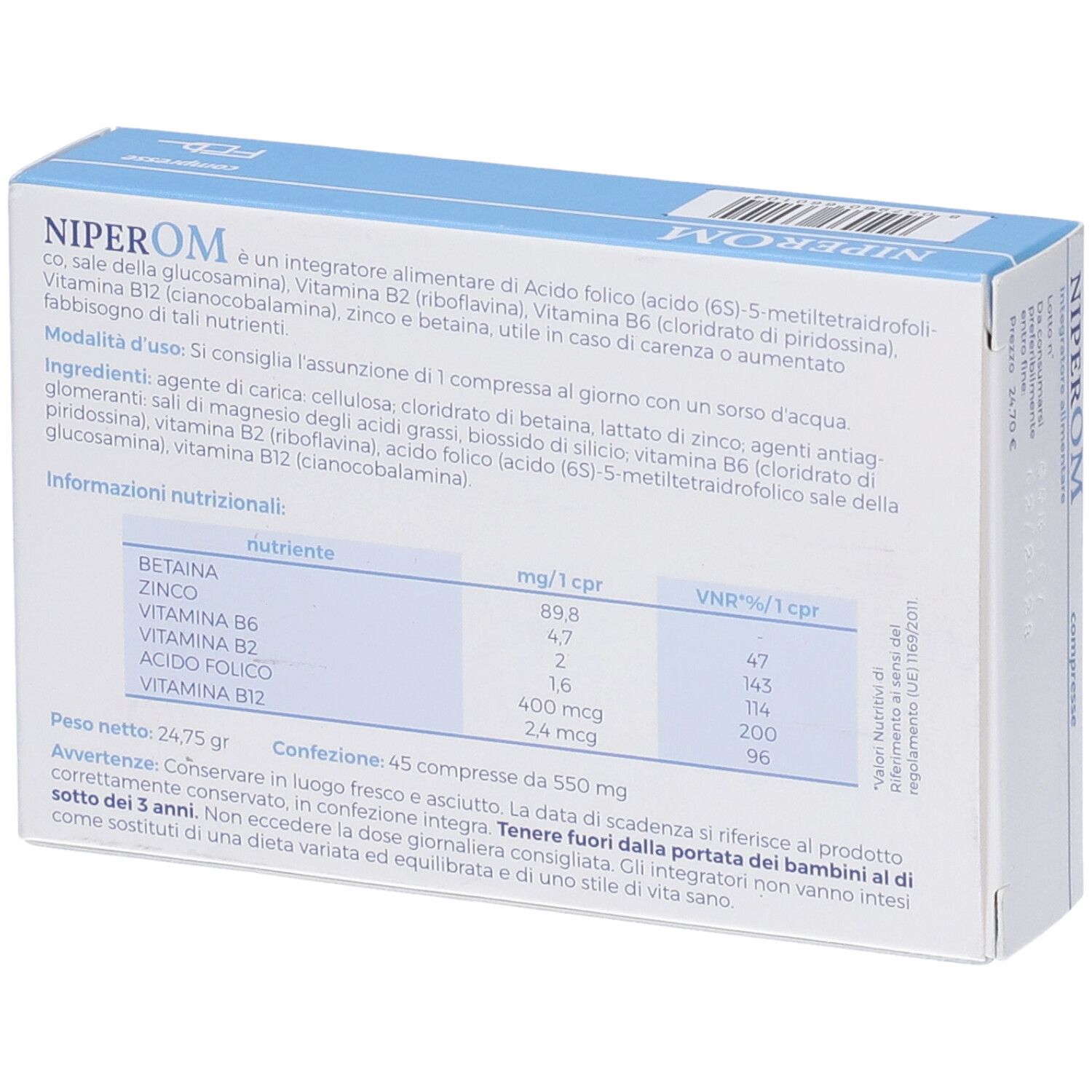 Retro della scatola di compresse. Informazioni nutrizionali e ingredienti. Testo in italiano.