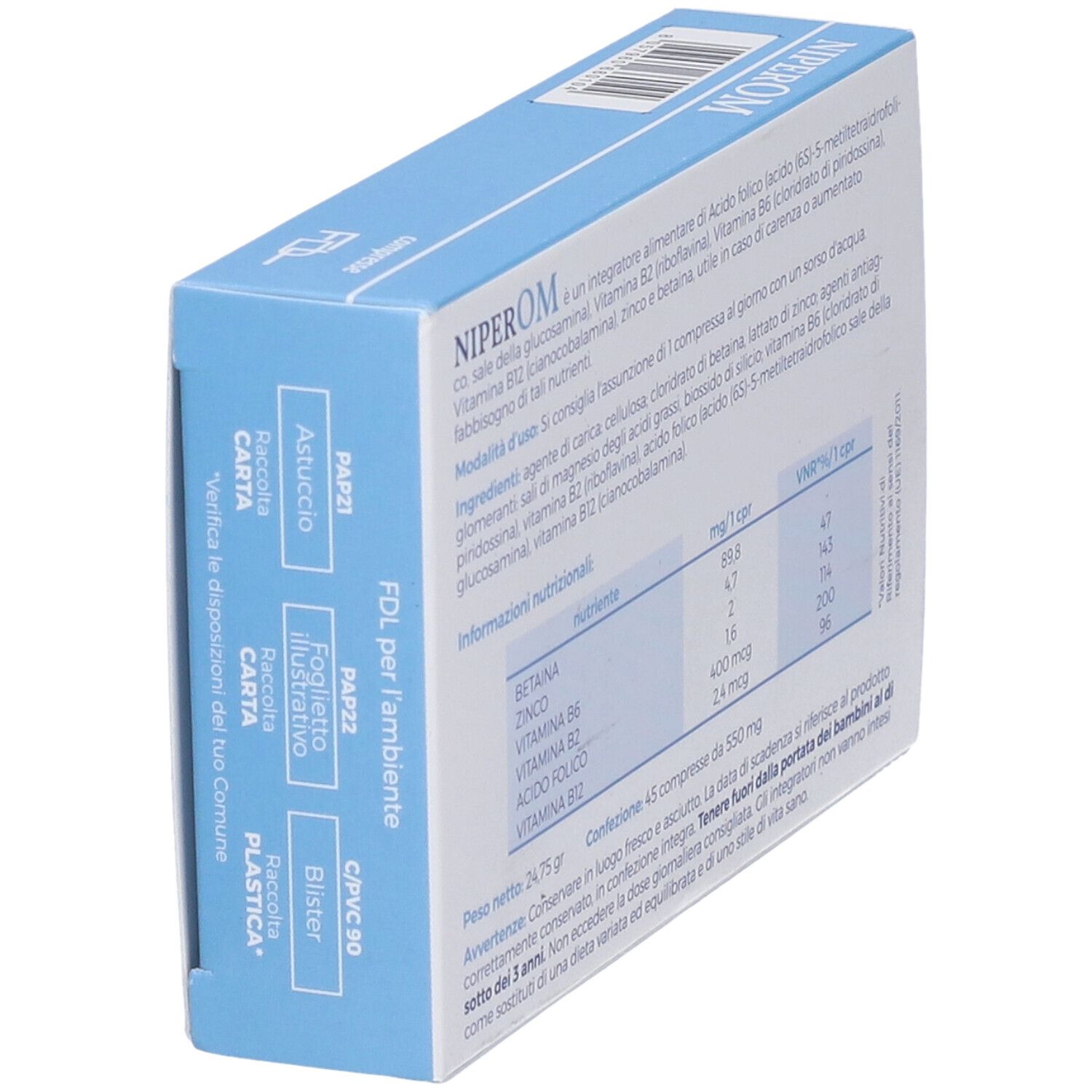 Scatola di compresse in diagonale. Informazioni su ingredienti e valori nutrizionali. Testo in italiano.