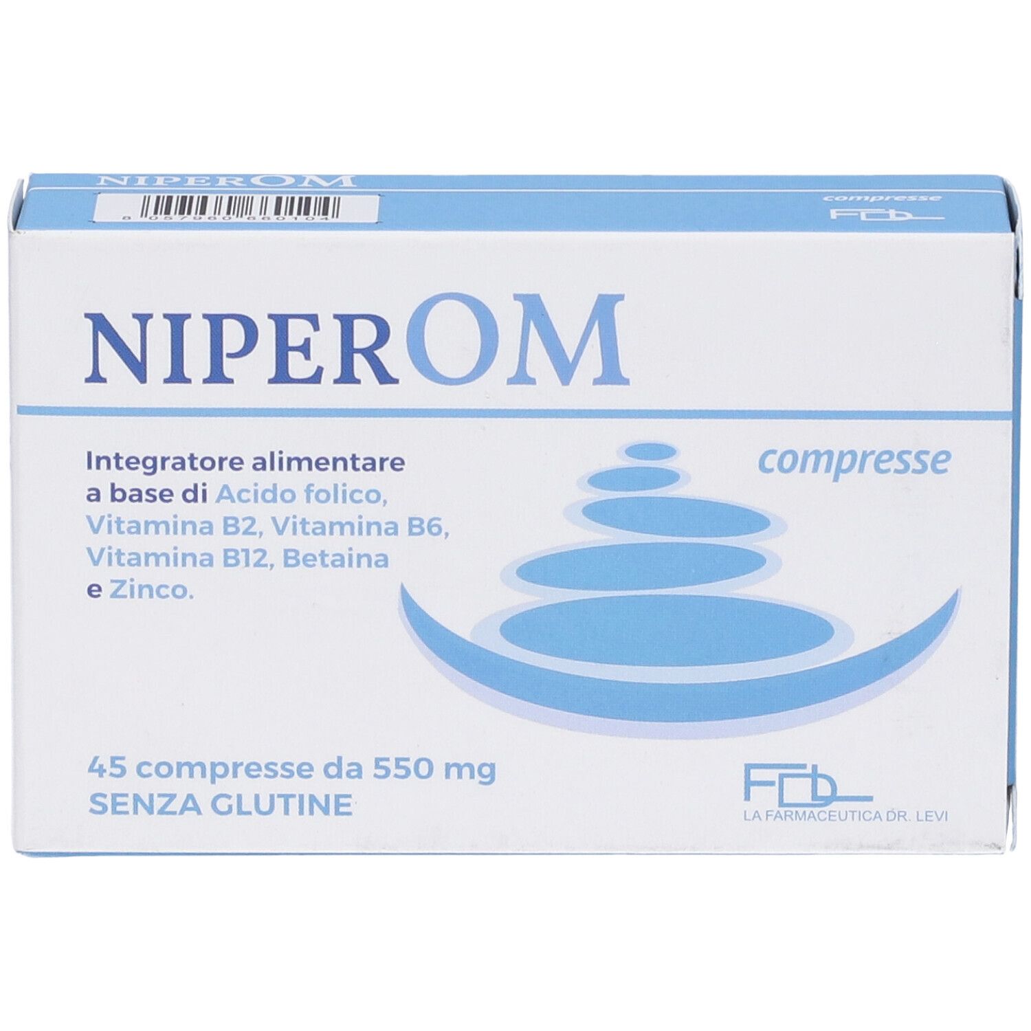 Scatola di compresse NIPEROM. Contiene vitamine e minerali. 45 compresse. Scritta in italiano.