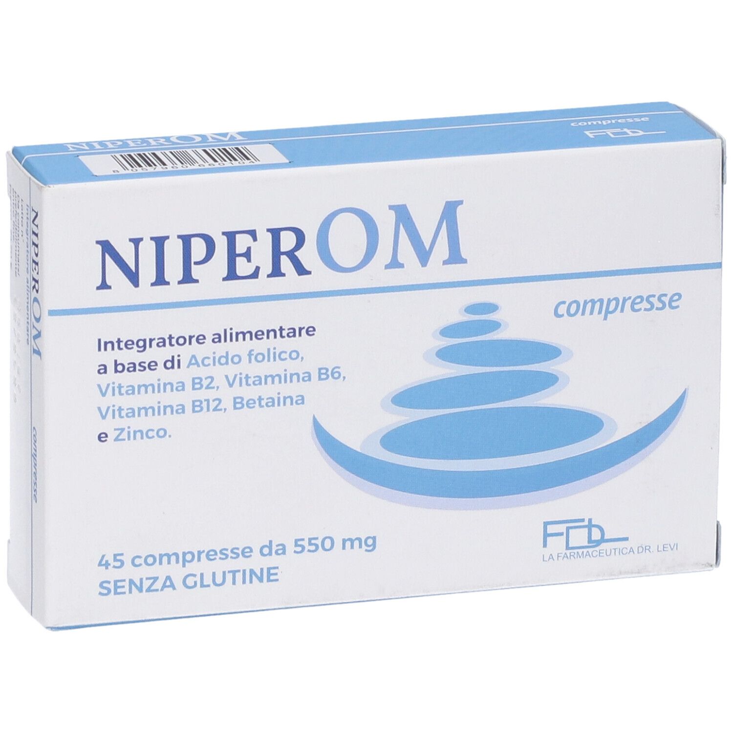 Scatola di compresse NIPEROM. Contiene vitamine e minerali. 45 compresse. Scritta in italiano.