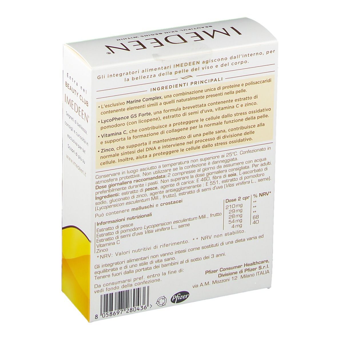 Retro della confezione IMEDEEN® Time Perfection. Contiene informazioni sugli ingredienti e i valori nutrizionali. Scatola bianca.