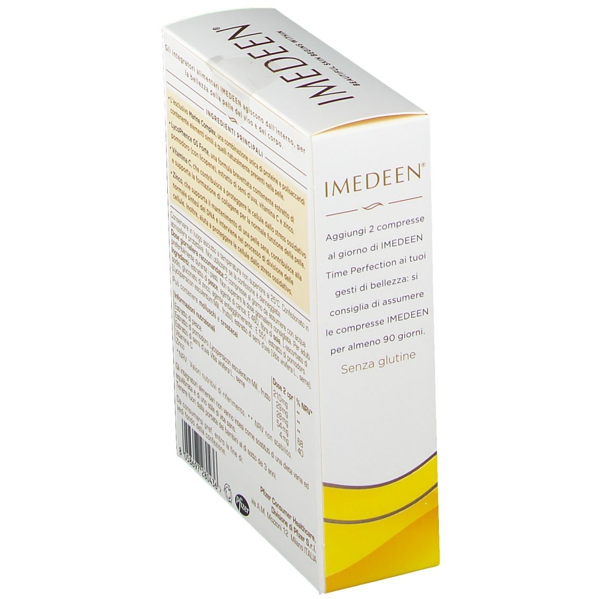 Vista laterale della confezione IMEDEEN® Time Perfection. Contiene informazioni sull'uso. Scatola bianca con onde gialle.