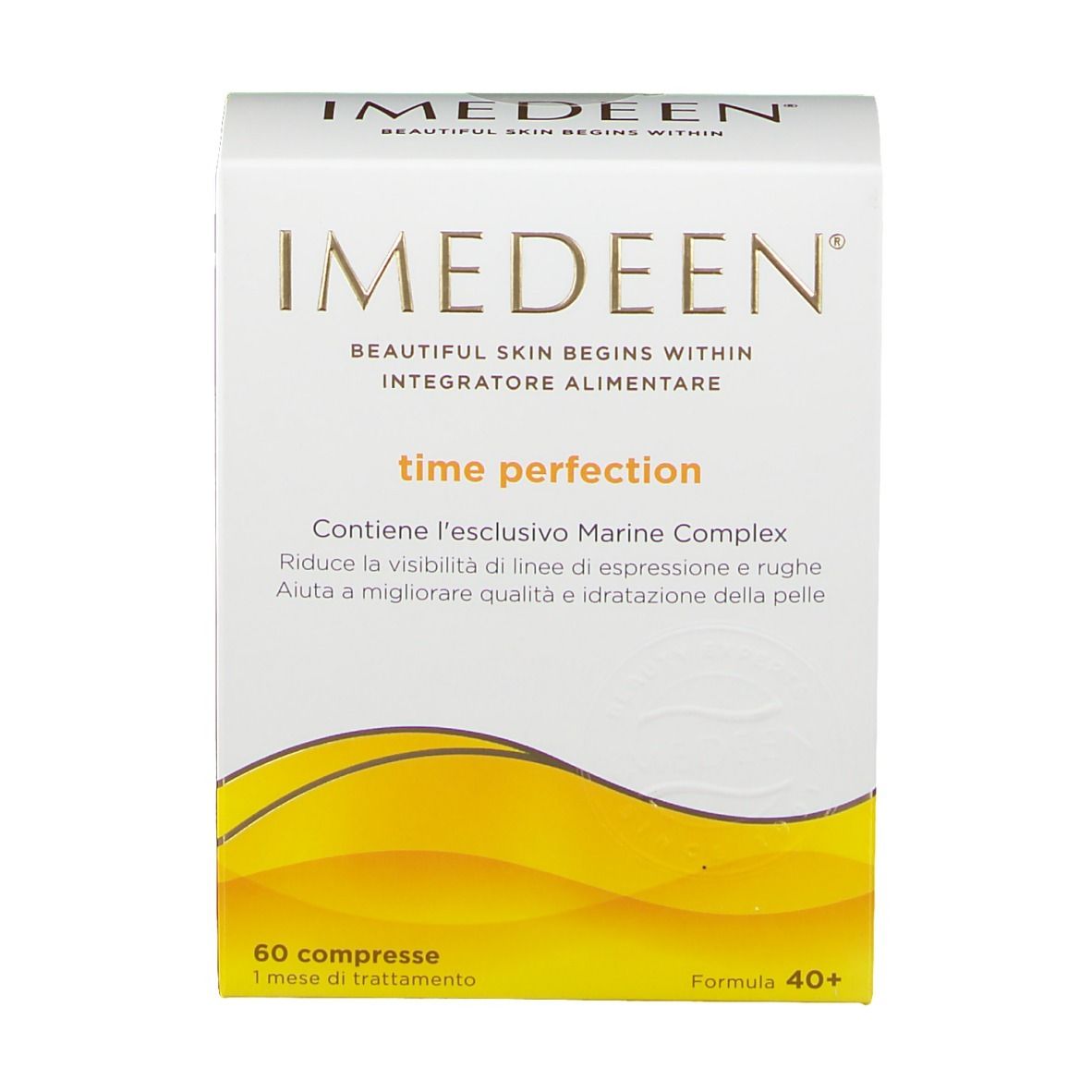 Fronte della confezione IMEDEEN® Time Perfection. Scatola bianca con nome del prodotto, onde gialle e 60 compresse.
