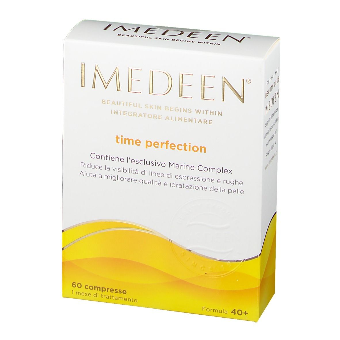 Fronte della confezione IMEDEEN® Time Perfection. Scatola bianca con nome del prodotto, onde gialle e 60 compresse.