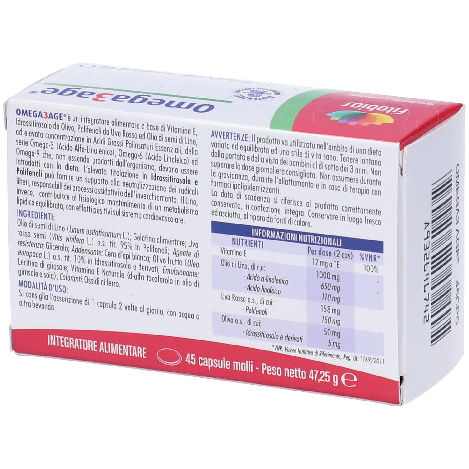 Retro della confezione Omega3age. Contiene informazioni nutrizionali e ingredienti. Testo in italiano.