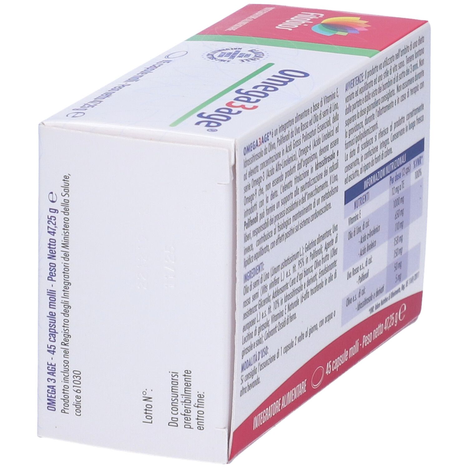 Confezione di Omega3age. Contiene informazioni sul prodotto. Testo in italiano.