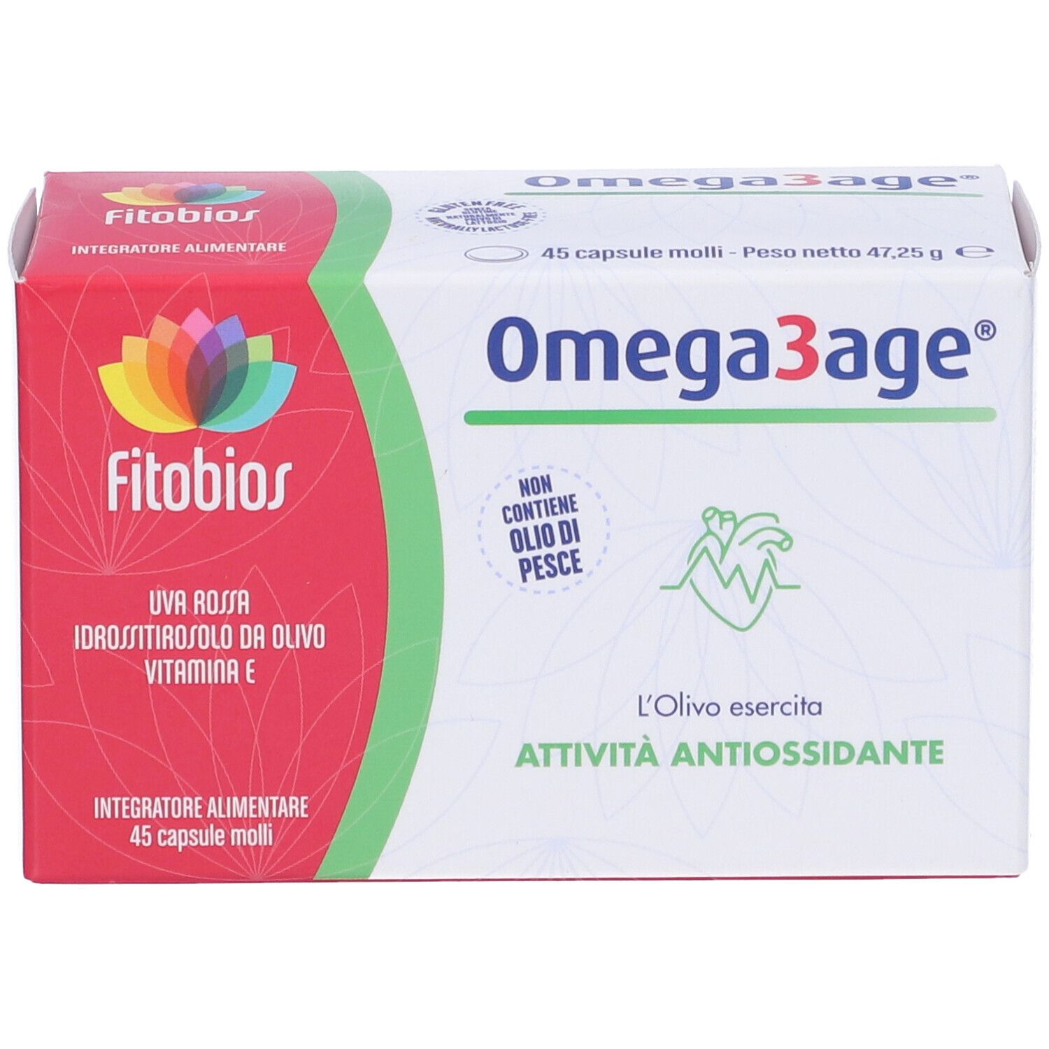 Scatola di capsule Omega3age. Confezione rossa e bianca con nome e logo del prodotto. Contiene 45 capsule.