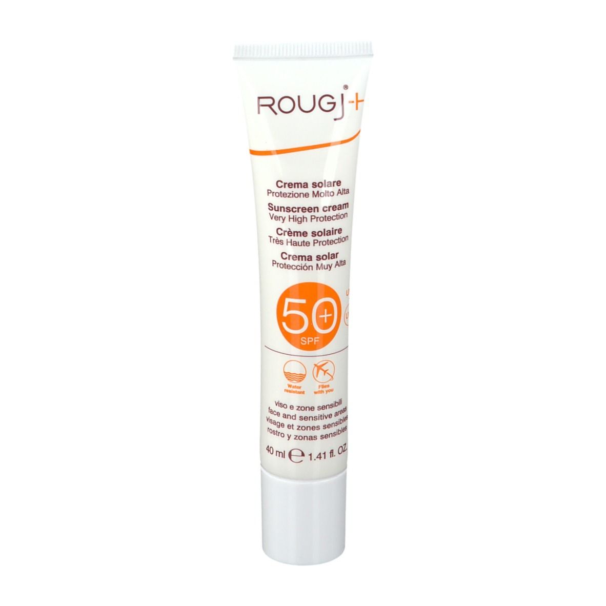 Tubo bianco ROUGJ+ crema solare SPF 50+. Testo in it, fr, nl, de. 40 ml. Tappo bianco.