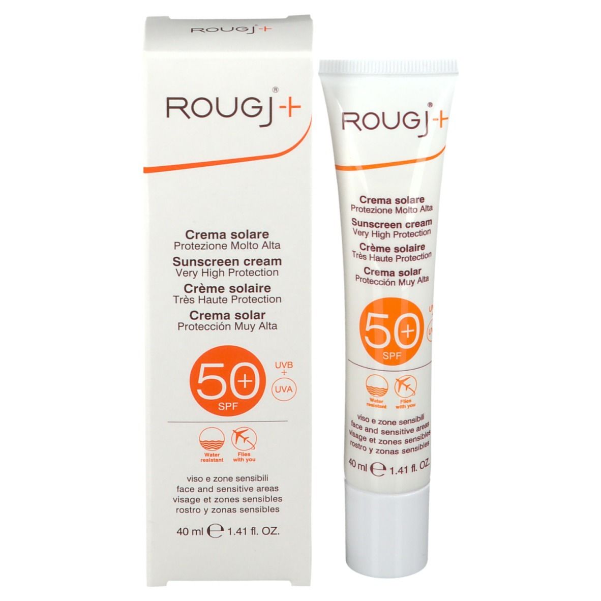 ROUGJ+ crema solare SPF 50+ in confezione. Tubo e scatola. Testo in it, fr, nl, de. 40 ml.