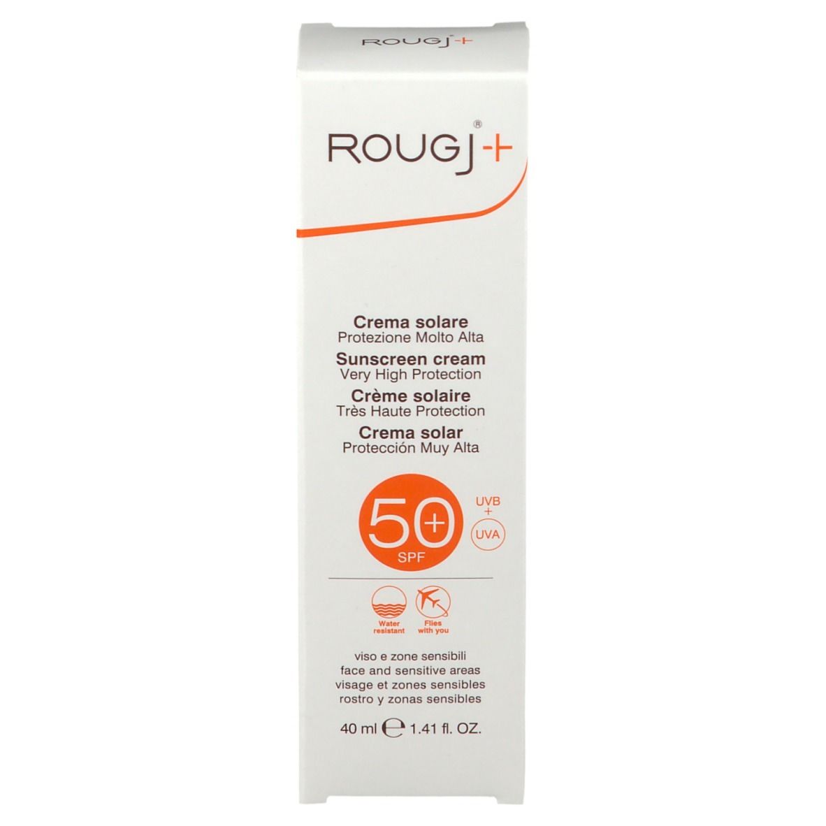 Scatola bianca ROUGJ+ crema solare SPF 50+. Testo in it, fr, nl, de. 40 ml.