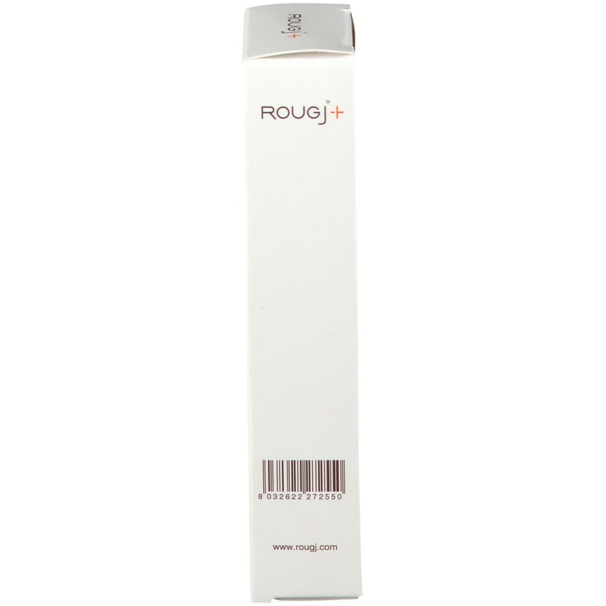 Lato della scatola bianca con codice a barre e www.rougj.com.
