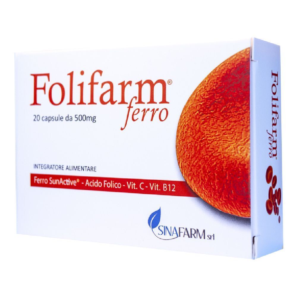 Confezione di Folifarm ferro. Contiene 20 capsule. Scritto: Ferro SunActive, acido folico, Vit. C, Vit. B12. Marchio SINA FARM.