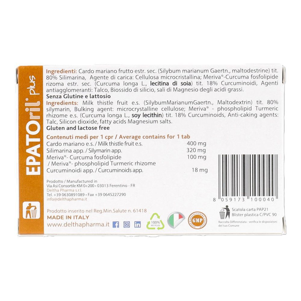 Retro della scatola di compresse EPATORIL plus. Elenco ingredienti, informazioni nutrizionali, informazioni produttore e loghi.