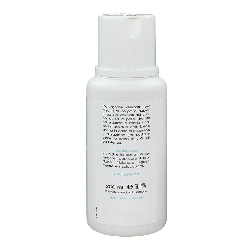 Retro di un flacone bianco. Testo: ingredienti, istruzioni per l'uso, informazioni sul produttore, 200 ml.