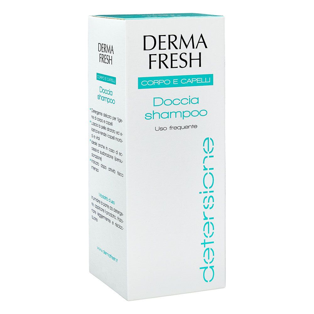 Scatola bianca con scritta: Dermafresh, Corpo e Capelli, Doccia shampoo, Uso frequente. Accenti turchesi.