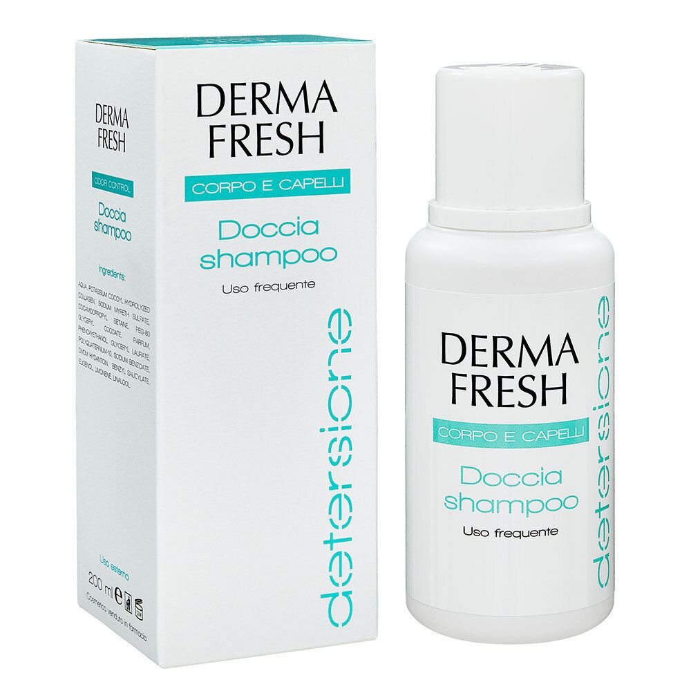 Scatola e flacone bianchi. Scritta: Dermafresh, Corpo e Capelli, Doccia shampoo, Uso frequente. Accenti turchesi.