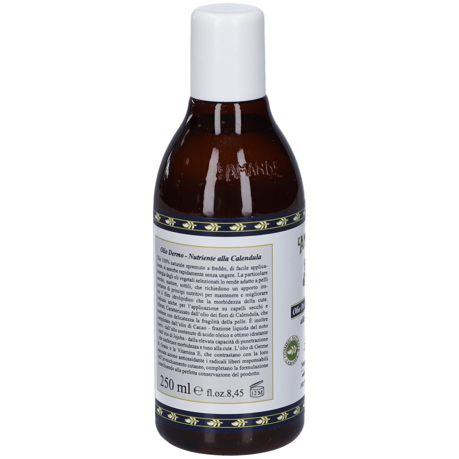 Flacone marrone con tappo bianco. Retro con testo. Testo: Olio Dermo-Nutriente alla Calendula, 250 ml, e 8,45 fl.oz.