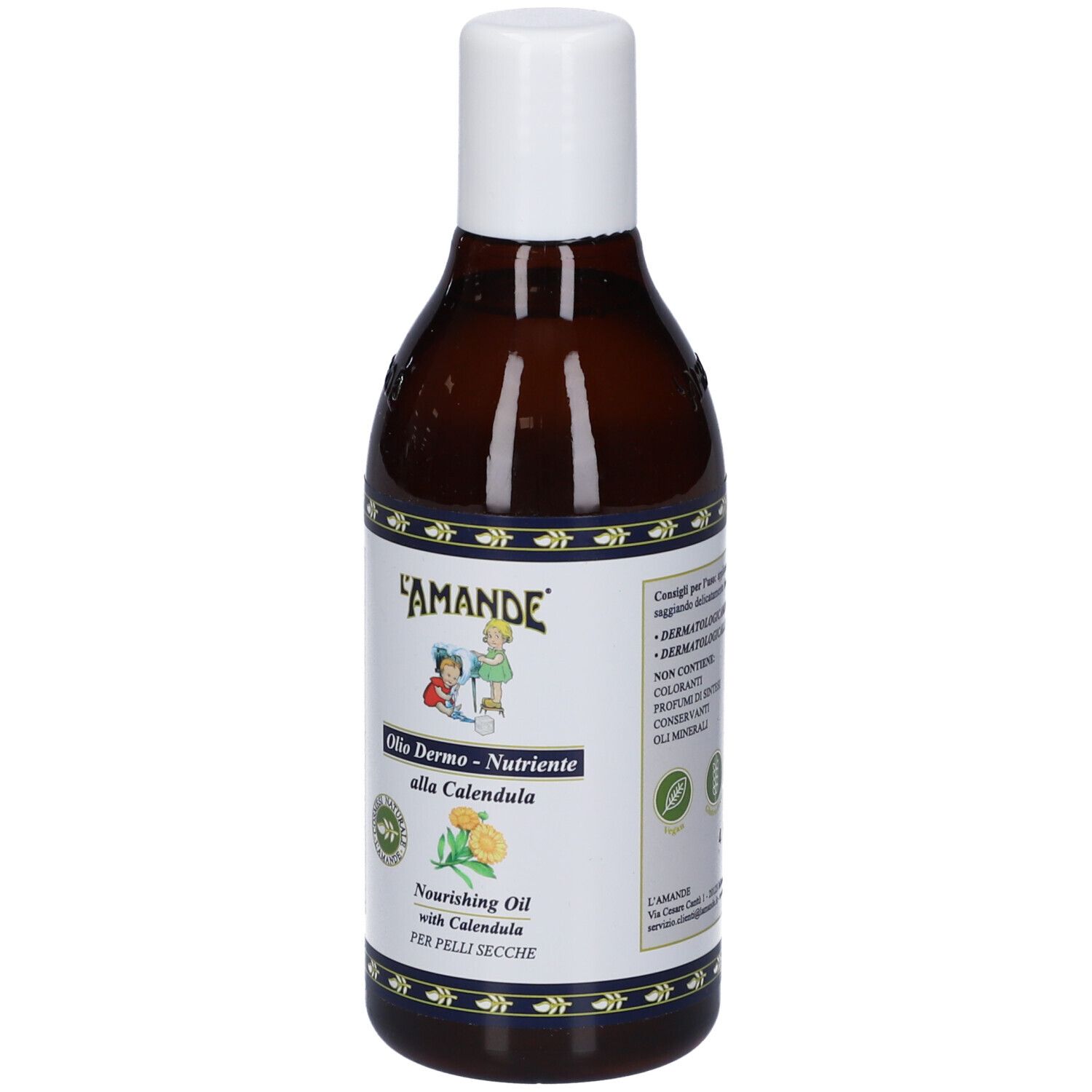 Flacone marrone con tappo bianco. Etichetta con nome del prodotto e illustrazione. Testo: Olio Dermo-Nutriente alla Calendula.
