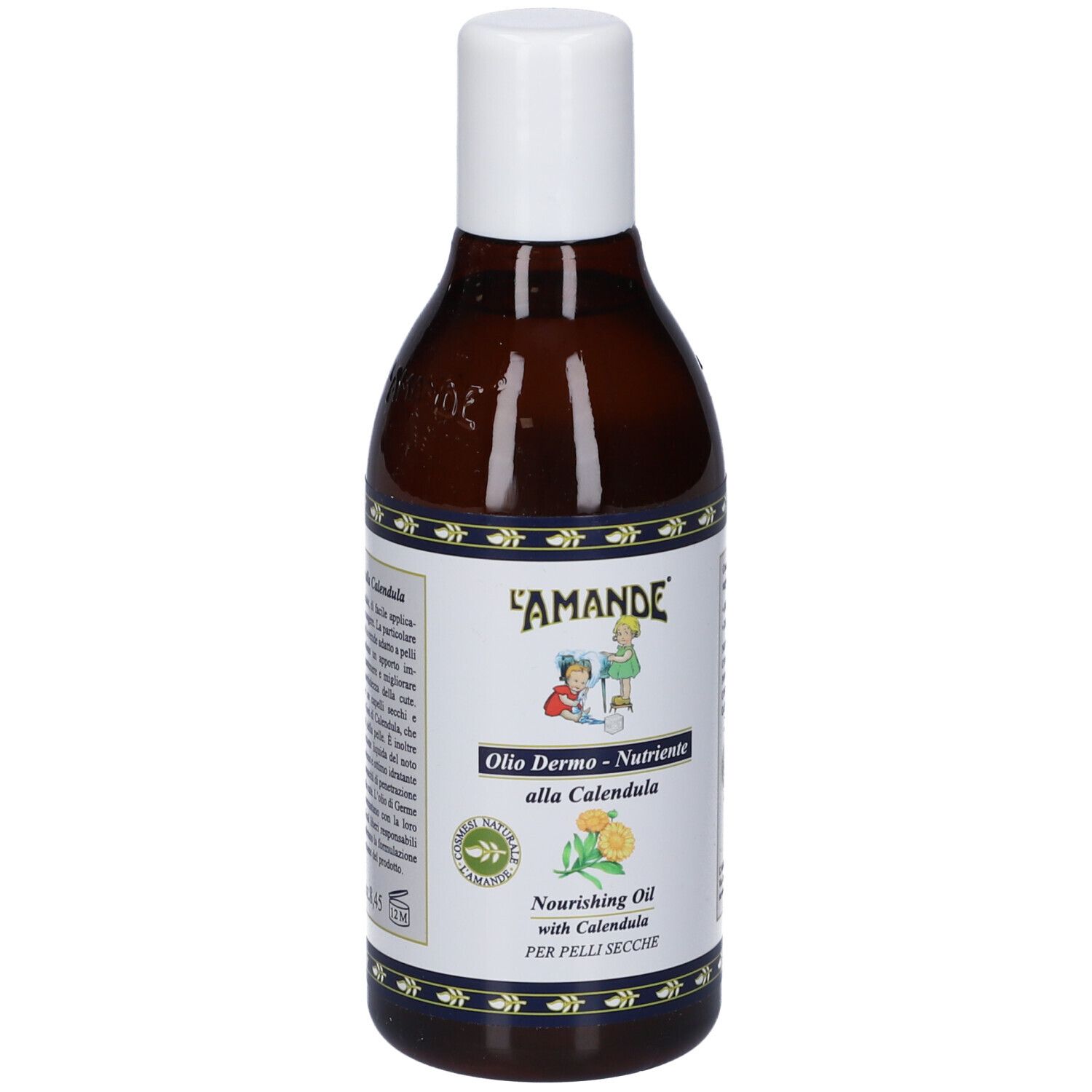 Flacone marrone con tappo bianco. Etichetta con nome del prodotto e illustrazione. Testo: Olio Dermo-Nutriente alla Calendula.