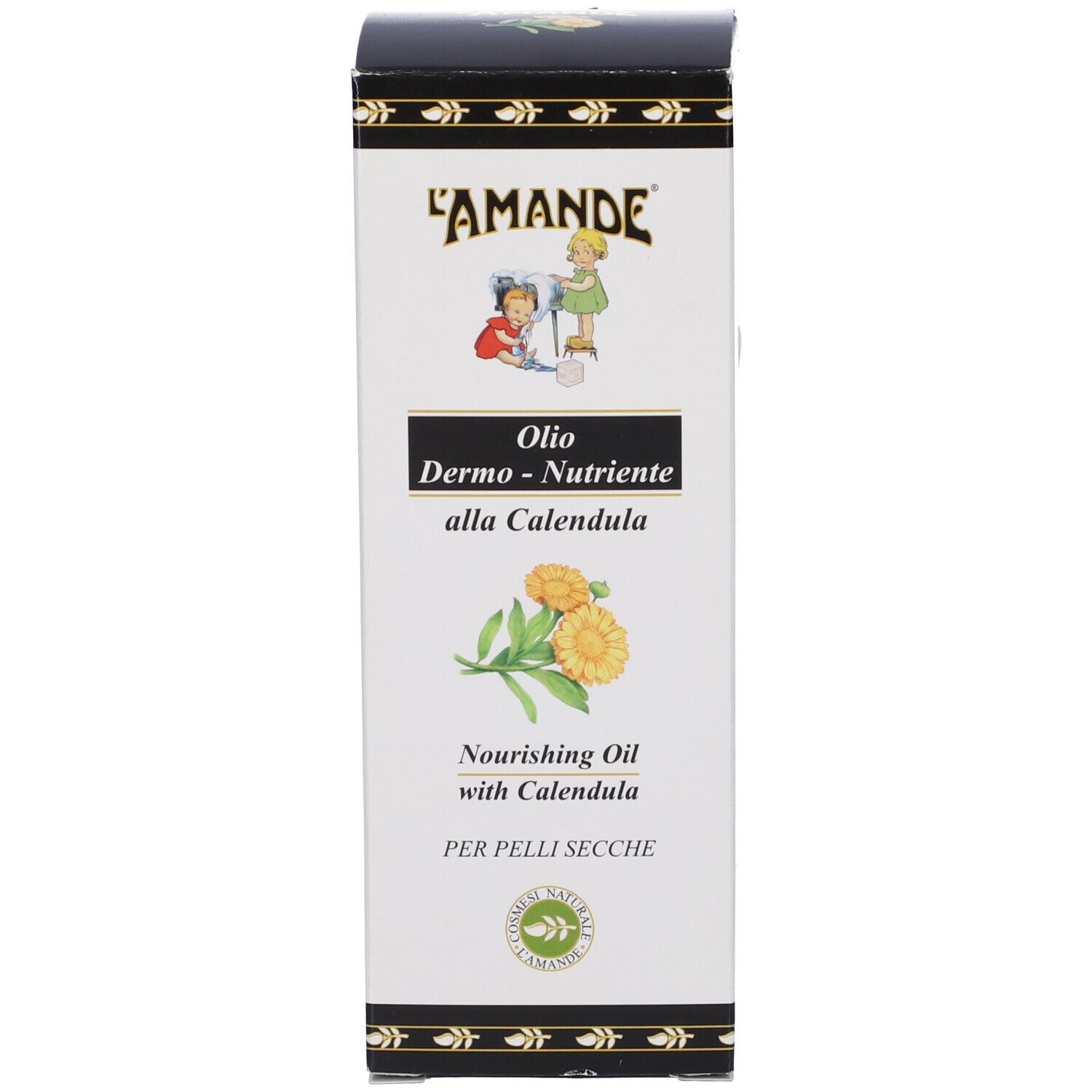 Confezione in cartone con nome del prodotto e illustrazione. Testo: Olio Dermo-Nutriente alla Calendula, Nourishing Oil.