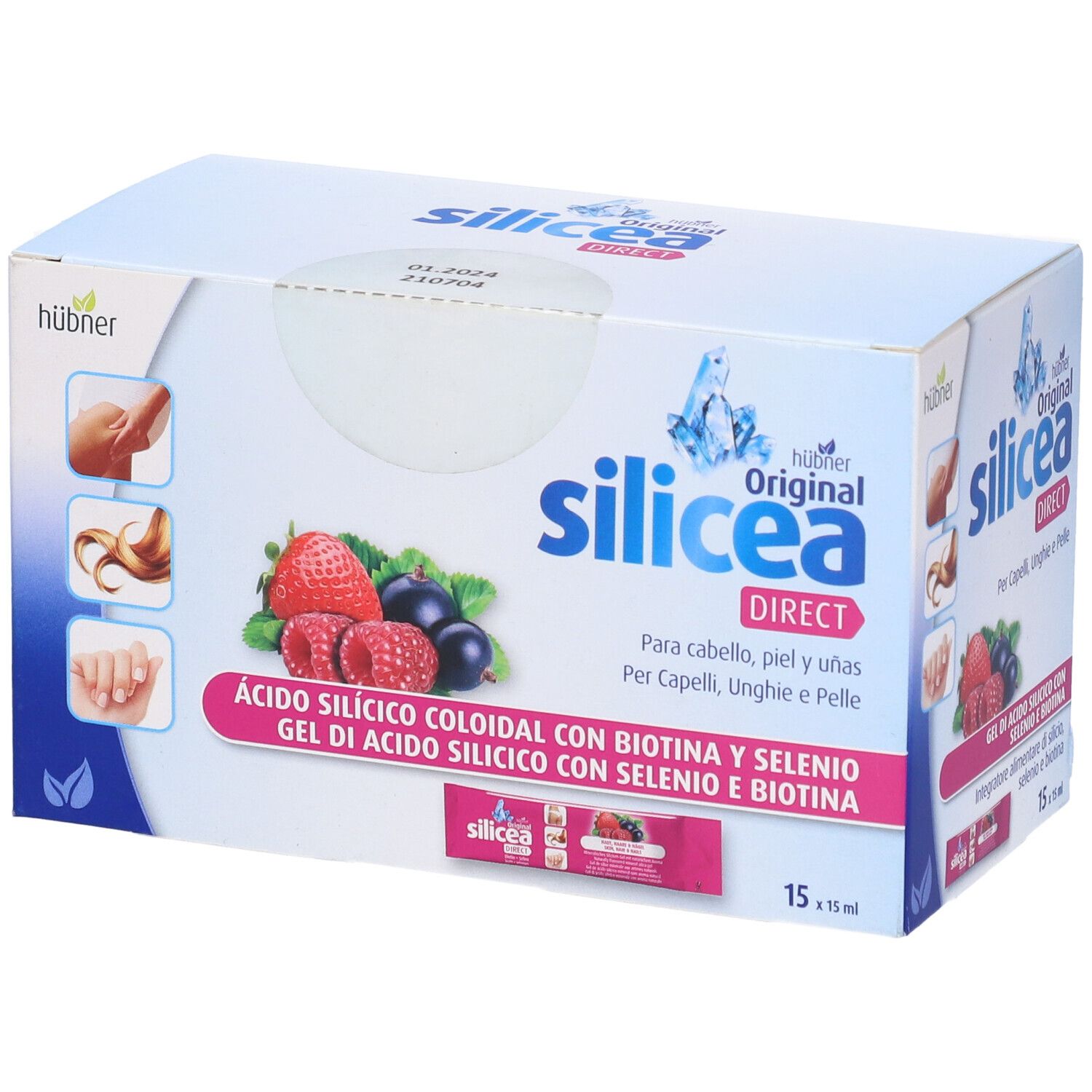 Scatola Hubner Original Silicea Direct. Immagini di capelli, unghie e frutta. 15 bustine.