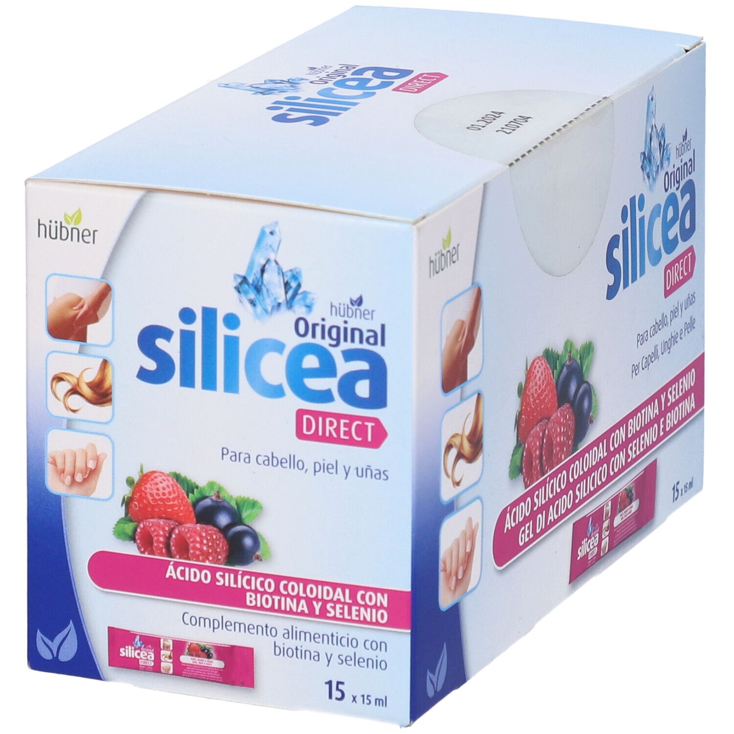 Scatola Hubner Original Silicea Direct. Immagini di capelli, unghie e frutta. 15 bustine.