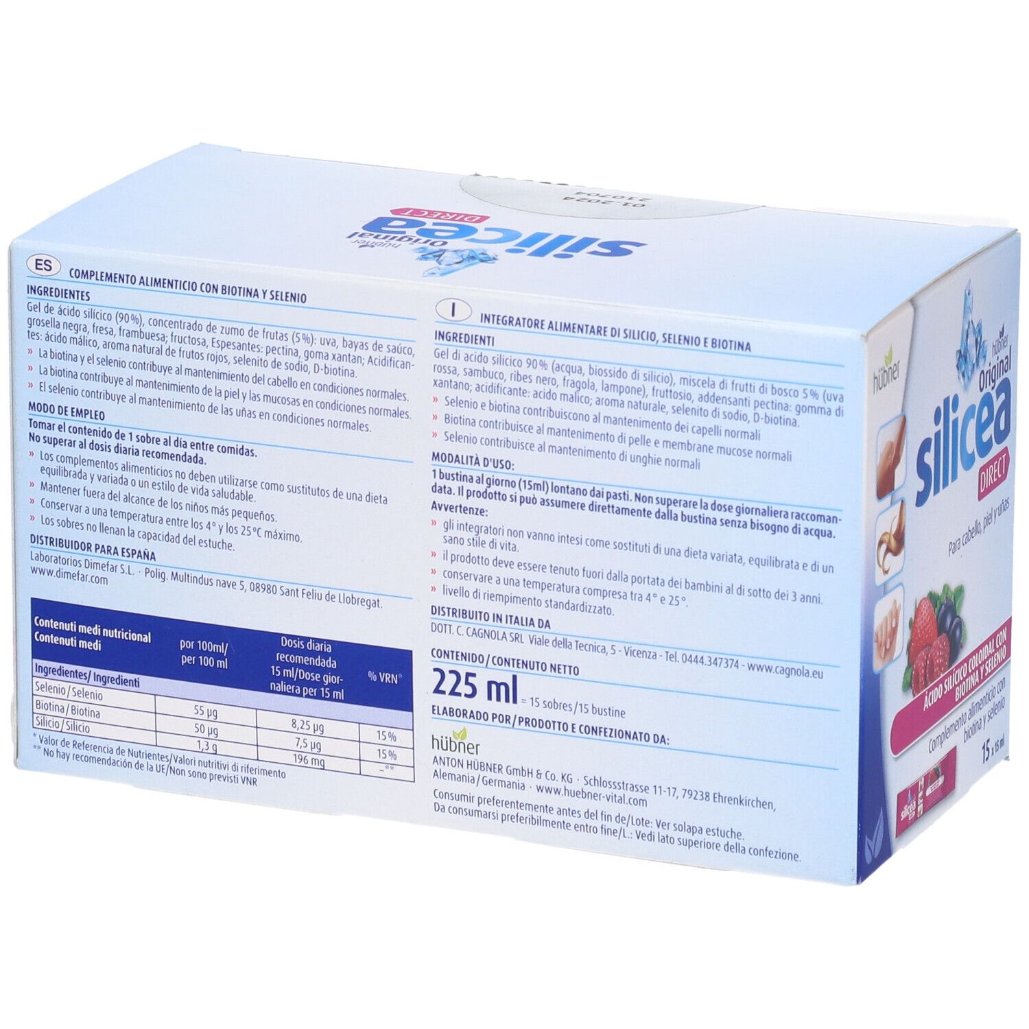 Scatola Hubner Original Silicea Direct. Retro con testo e informazioni nutrizionali. 225 ml.
