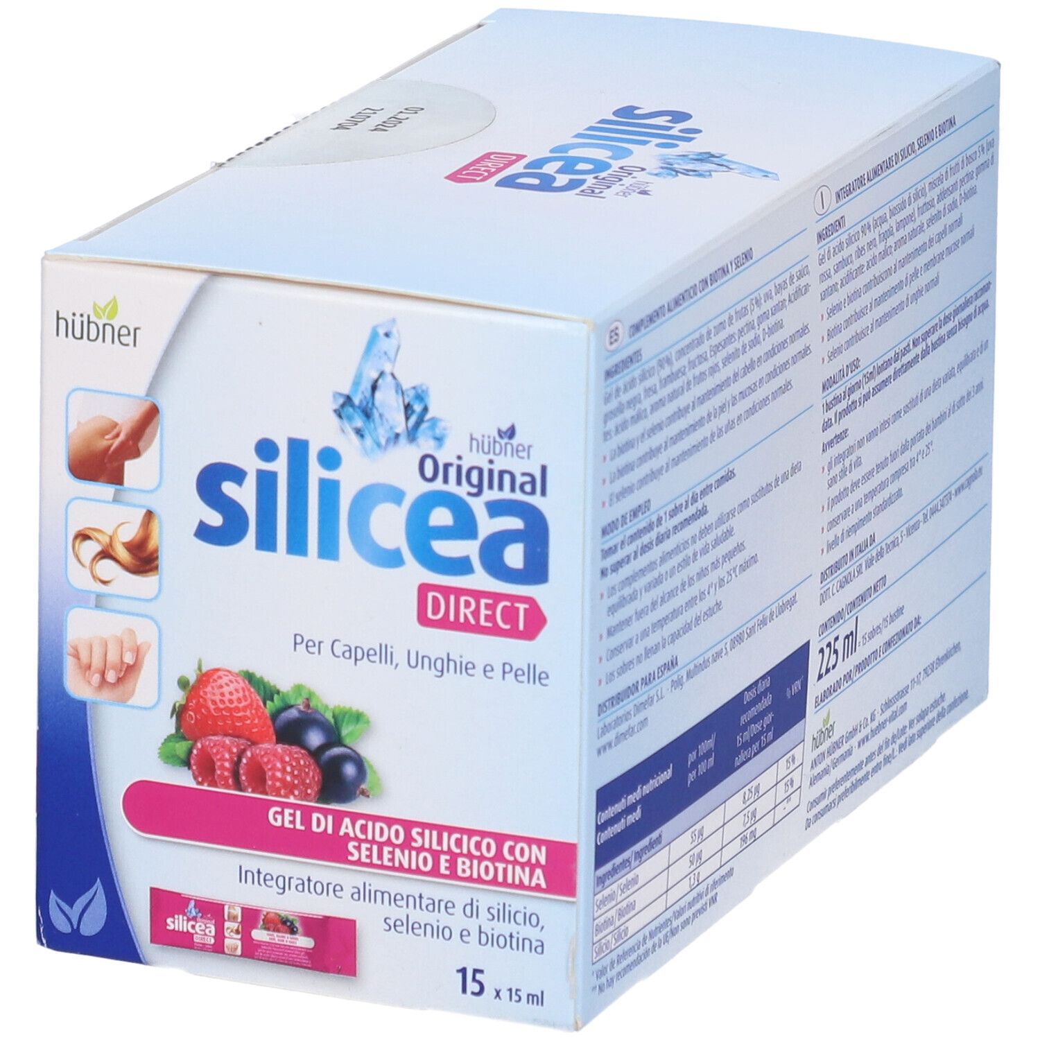 Scatola Hubner Original Silicea Direct. Immagini di capelli, unghie e frutta. 225 ml.