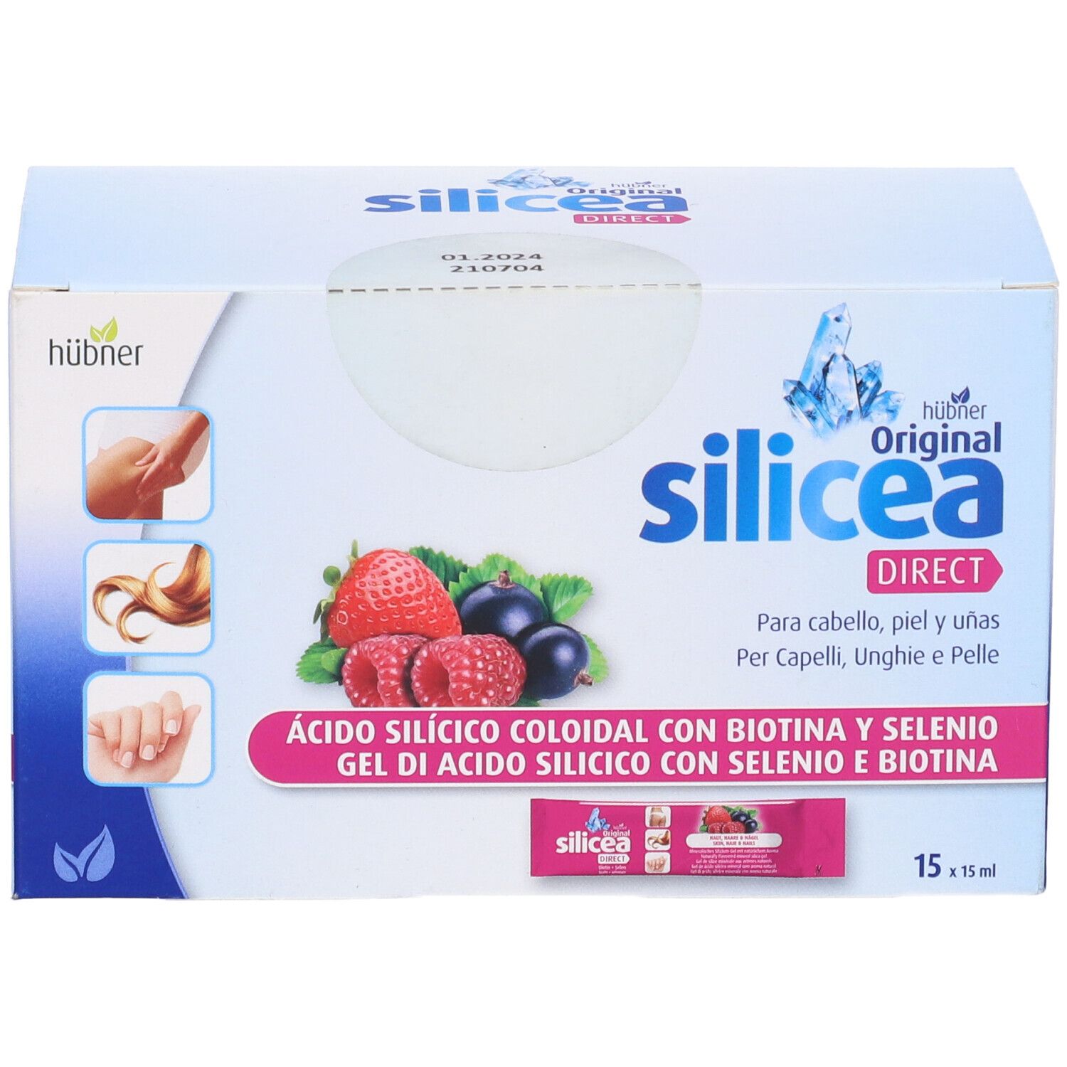 Scatola Hubner Original Silicea Direct. Immagini di capelli, unghie e frutta. 15 bustine.