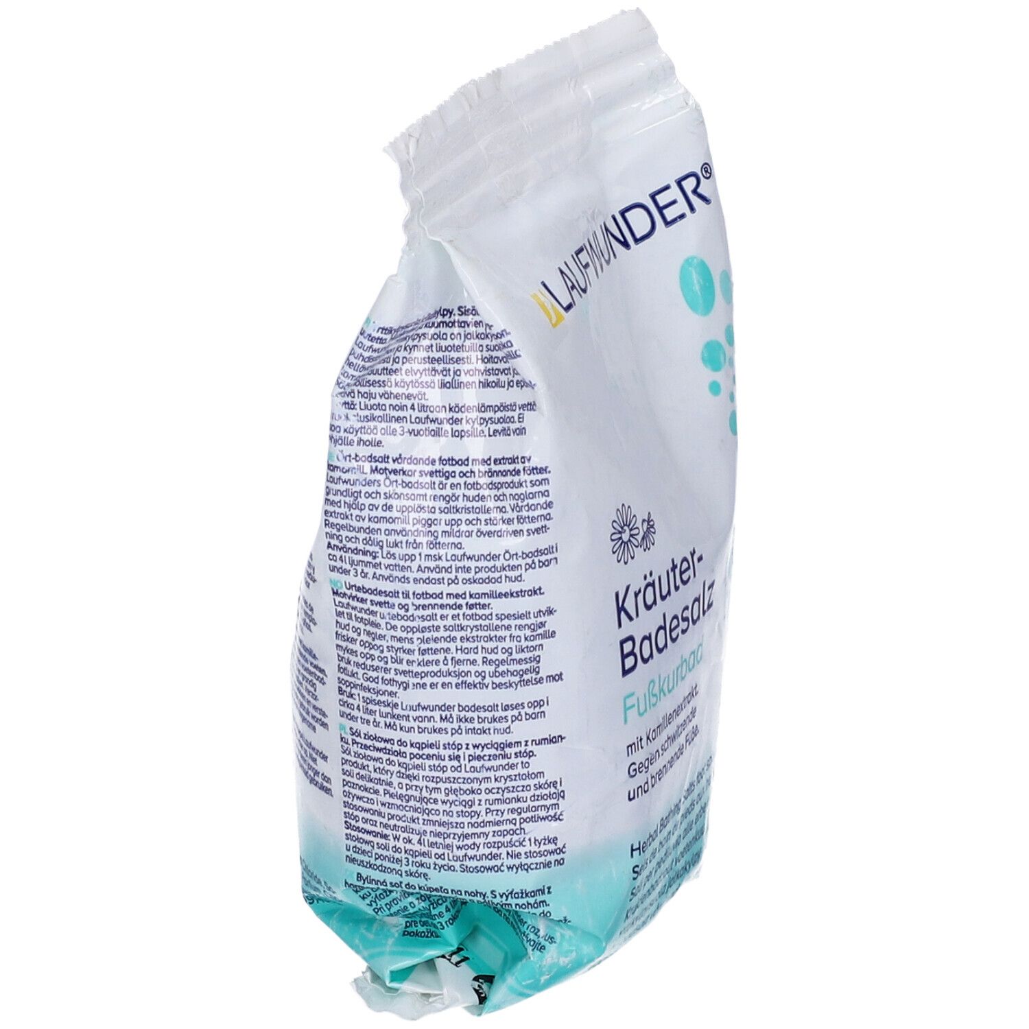 Busta di sali da bagno alle erbe in diagonale. Marchio Laufwunder. Retro con testo multilingue.