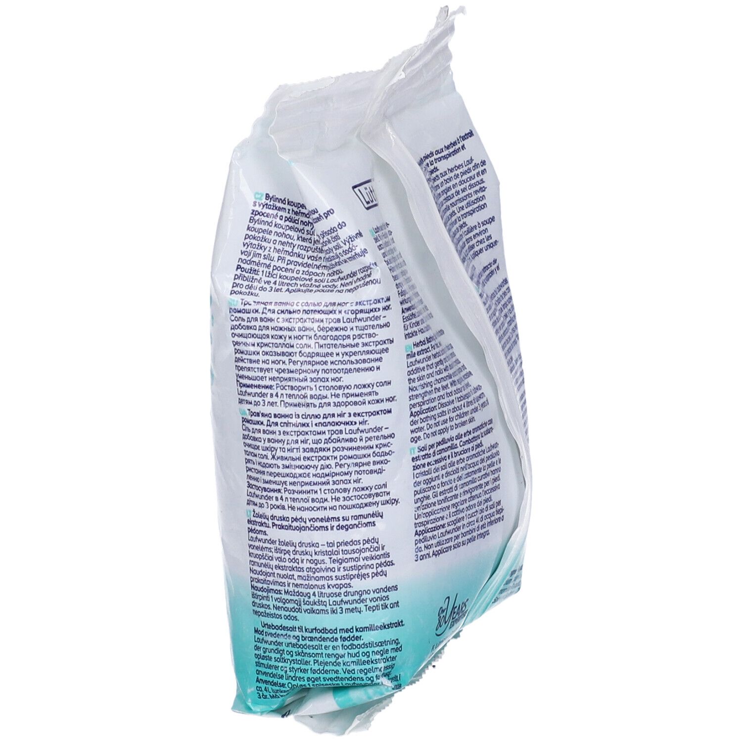 Busta di sali da bagno alle erbe in diagonale. Retro con testo multilingue.