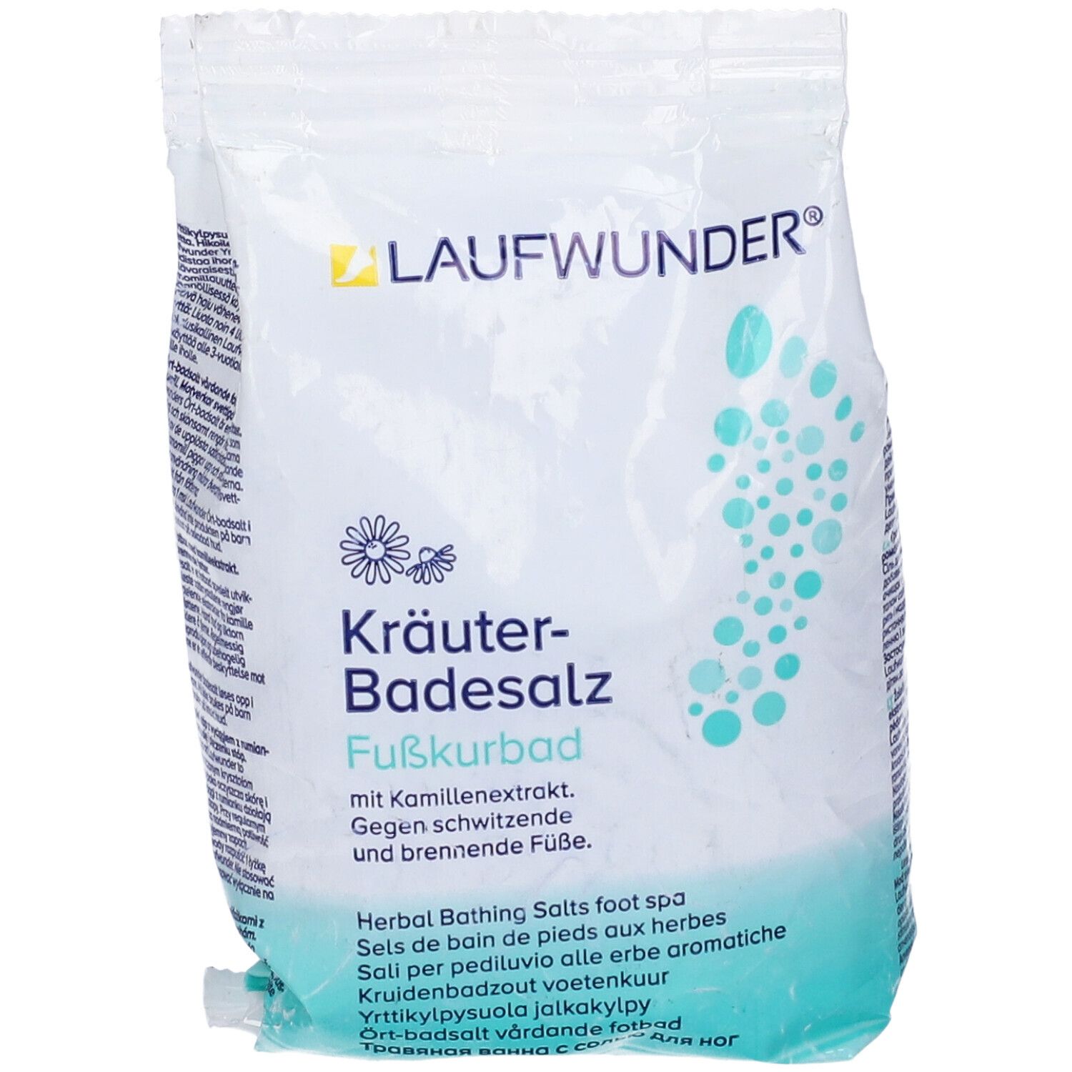 Busta di sali da bagno alle erbe. Marchio Laufwunder. Design impronta di piede. Testo in tedesco, inglese, italiano, olandese, finlandese.