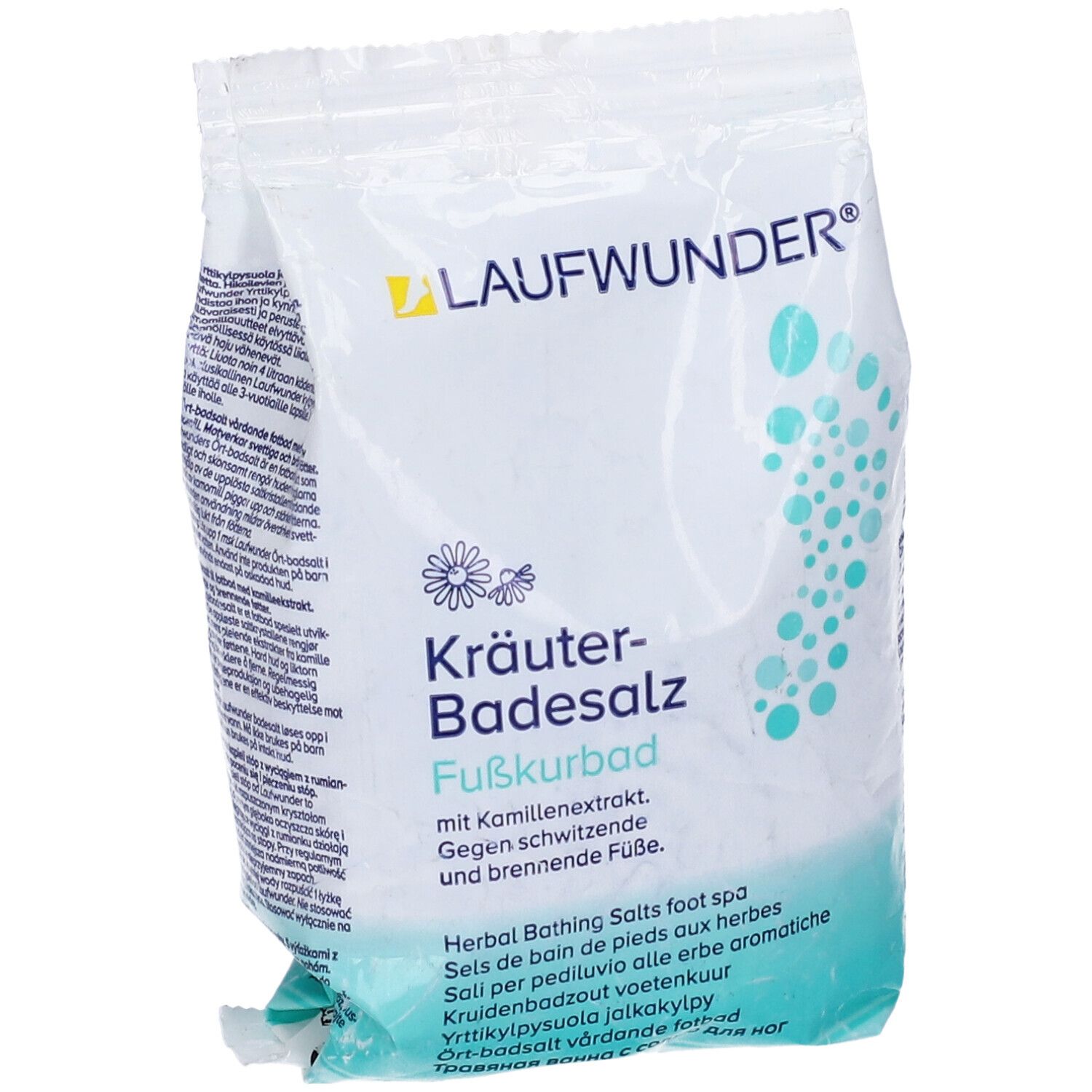 Busta di sali da bagno alle erbe. Marchio Laufwunder. Design impronta di piede. Testo in tedesco, inglese, italiano, olandese, finlandese.