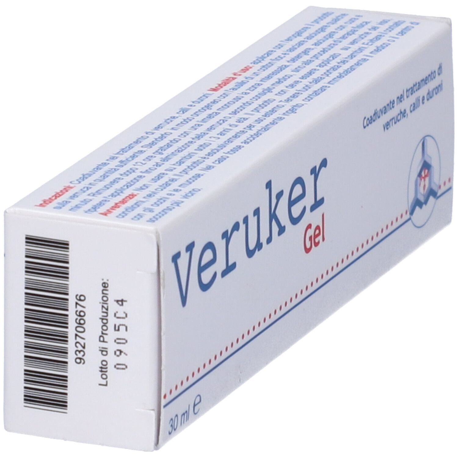Scatola di Veruker Gel. Codice a barre e numero di lotto di produzione. Testo in italiano.