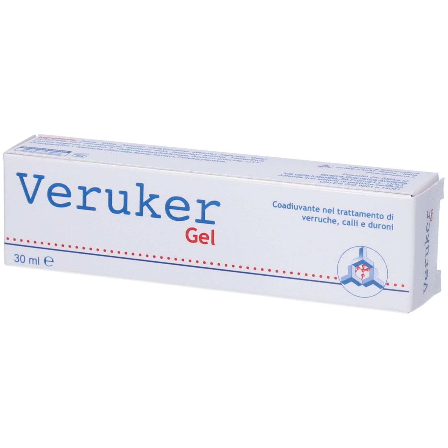 Scatola di Veruker Gel. Scritto: 30 ml. Testo in italiano.