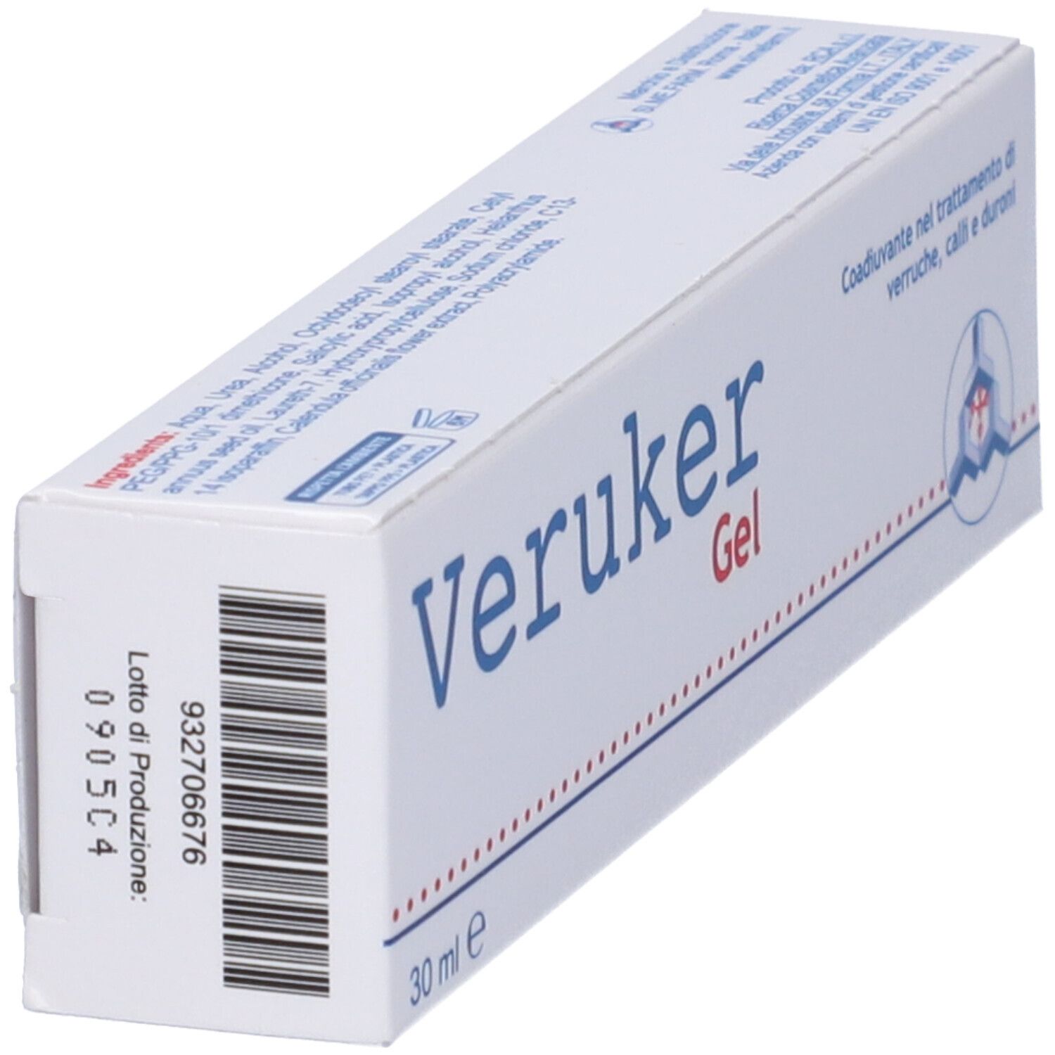 Scatola di Veruker Gel. Codice a barre e numero di lotto di produzione. Testo in italiano.