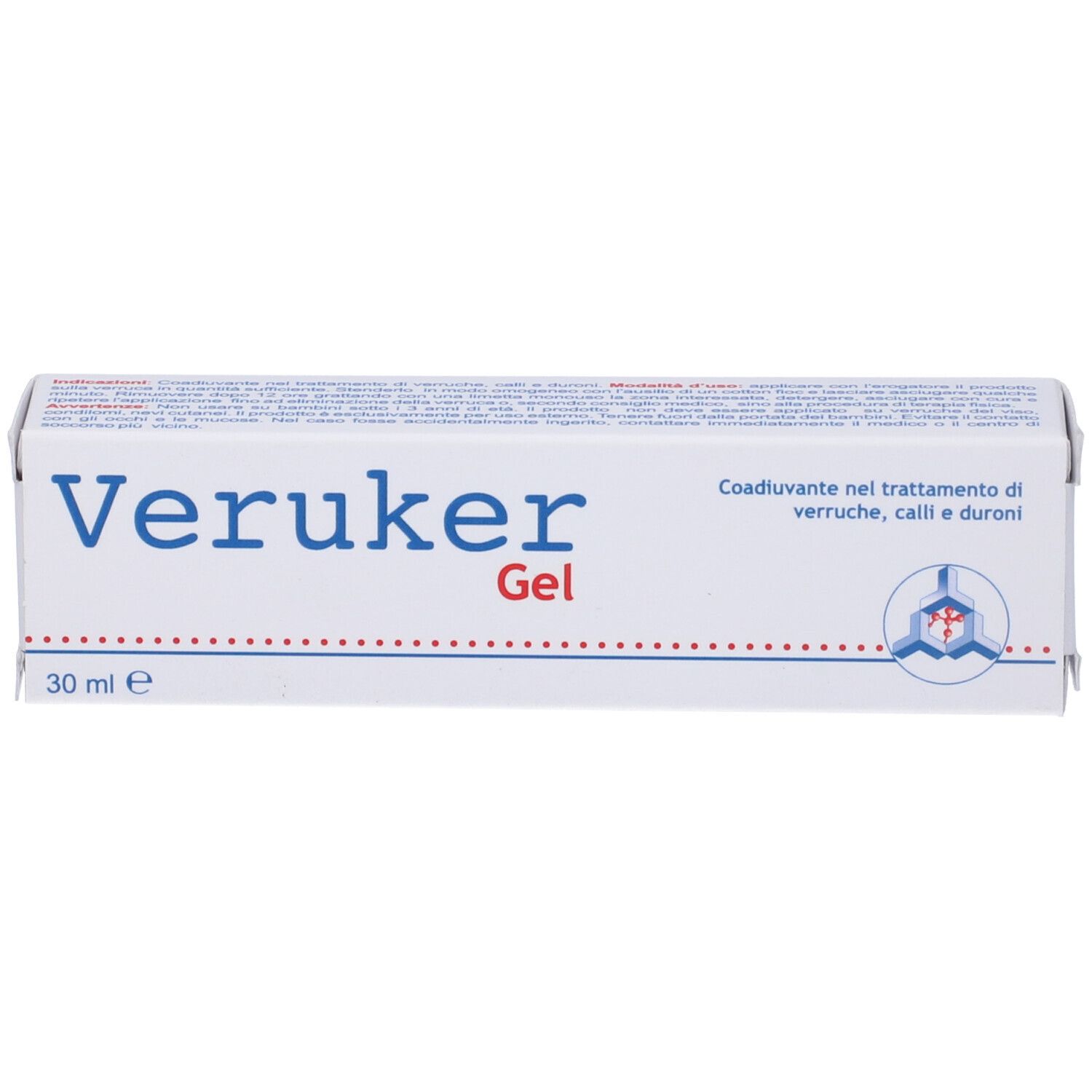 Scatola di Veruker Gel. Scritto: 30 ml. Testo in italiano.